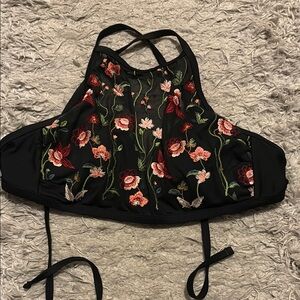 Floral Embroidered Black Halter Top